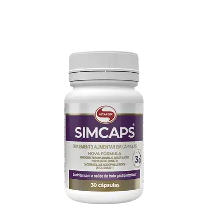 Frasco branco com rótulo roxo e vermelho contendo cápsulas de suplemento alimentar Simcaps da marca Vitafor.