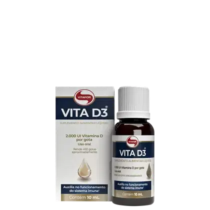 Suplemento alimentar líquido Vita D3 da Vitafor, contendo 2.000 UI de vitamina D por gota. Embalagem em frasco branco com rótulo azul e vermelho, indicando uso oral e auxílio no funcionamento do sistema imunológico.