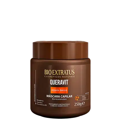 Máscara capilar Queravit da Bio Extratus em embalagem de 250g, com design marrom e rótulo destacando os ingredientes naturais e o tratamento instantâneo para cabelos danificados.
