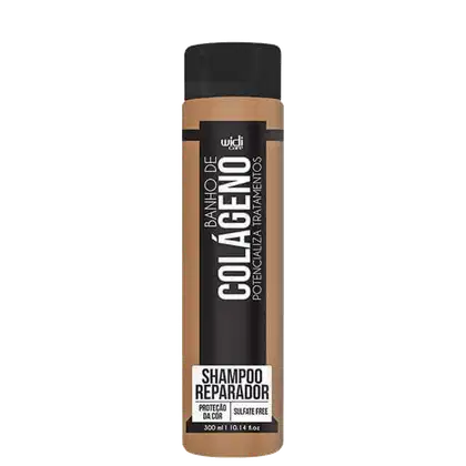 Frasco de shampoo reparador da marca Widi Care, com embalagem preta e detalhes em tons de marrom. O rótulo destaca a proteção da cor e a ausência de sulfatos na fórmula.