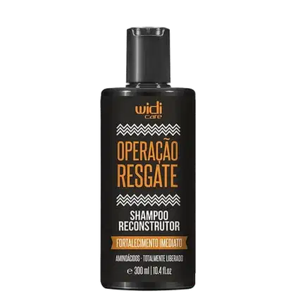 Frasco preto de shampoo reconstrutor da marca Widi Care, com rótulo destacando o nome "Operação Resgate" e informações sobre o produto, como "Fortalecimento imediato" e "Aminoácidos totalmente liberados".