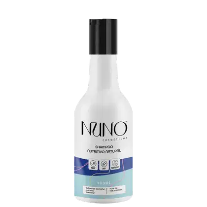 A imagem mostra um shampoo da marca Nuno Cosméticos. Ele é branco com detalhes pretos na tampa e no rótulo. O frasco exibe símbolos indicando que é vegano e não testado em animais. Sua capacidade é de 300ml