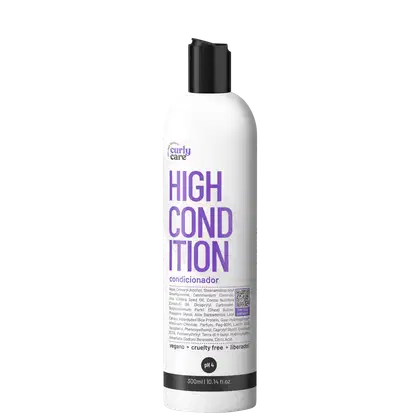 Condicionador High Condition da marca Curly Care. Embalagem plástica branca cilíndrica com tampa preta. Rótulo frontal com o nome do produto em letras grandes na cor roxa e a descrição "condicionador" abaixo.