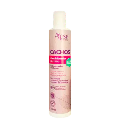 Frasco de condicionador nutritivo para cabelos cacheados da marca Apice Cosméticos, com 300ml de volume, embalagem branca e rosa com texto informativo sobre os benefícios do produto.
