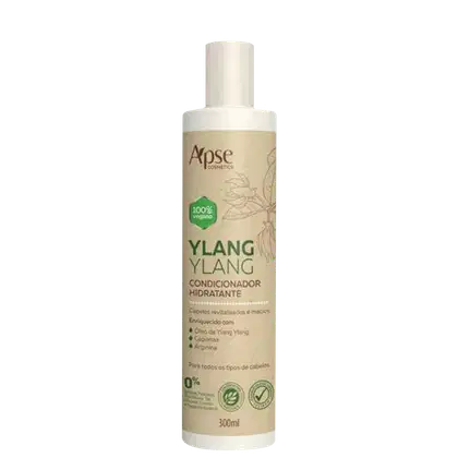 Frasco branco de 300ml do condicionador hidratante Ylang Ylang da marca Apice Cosméticos, com rótulo em tons de bege e verde destacando os ingredientes naturais e a ausência de parabenos.