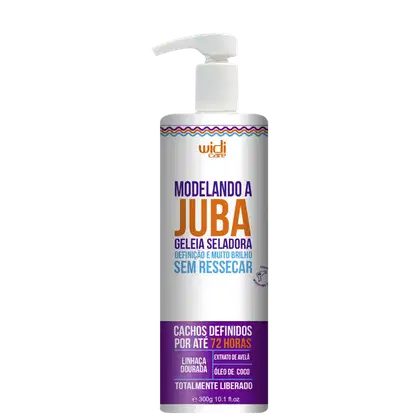Embalagem plástica branca com bomba dosadora. Rótulo em tons de roxo, laranja e azul. "Geleia Seladora Definição e Muito Brilho Sem Ressecar". Cachos definidos por até 72 horas, linhança dourada e extrato de avelã.