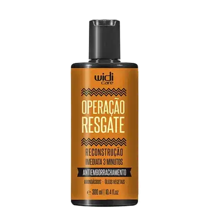 Frasco de 300 ml da linha Operação Resgate da Widi Care, com design em tons de laranja e preto, contendo texto em português sobre reconstrução capilar em 3 minutos e propriedades antienvelhecimento.