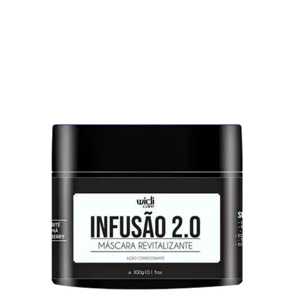 Embalagem preta de máscara revitalizante Infusão 2.0 da marca Widi Care, com rótulo branco destacando o nome do produto e sua função condicionante.