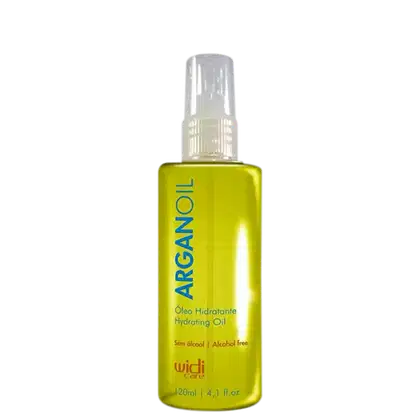 Frasco de óleo hidratante Argan Oil da marca Widi Care, com 120ml de capacidade. O produto apresenta embalagem de cor amarelo-limão com rótulo destacando o nome "Argan Oil" e informações sobre ser livre de álcool.