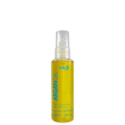 Frasco de óleo hidratante de arganol da marca Widi Care, com 60 ml de capacidade, em embalagem transparente com rótulo amarelo destacando o nome do produto.