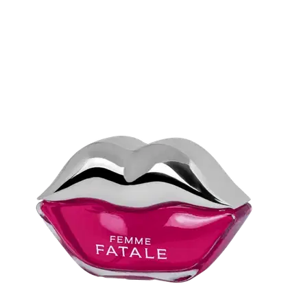 Perfume com frasco em formato de boca, lábio superior prateado, lábio inferior rosa.