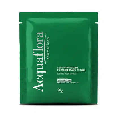 Pacote verde da série profissional Acquaflora, contendo 50g de pó descolorante vegano, com blend de óleos naturais, ultrarápido e livre de poeira.