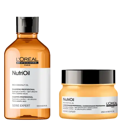 A imagem mostra um kit da linha NutriOil de L'Oréal, sendo um shampoo e um pote redondo de máscara capilar.