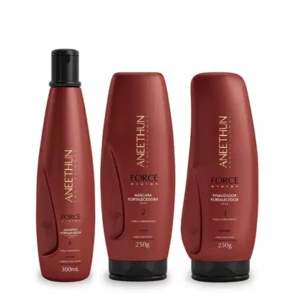 3 produtos da linha, shampoo, máscara e finalizador. Todos na cor jambo (marrom avermelhado, quase cacau) e tampa preta.