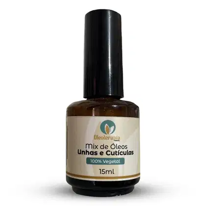O produto apresentado é um mix de óleos para unhas e cutículas da marca Oleoterapia Brasil. O frasco é de vidro escuro com um rótulo branco e verde, contendo 15ml do produto. O rótulo indica que o produto é 100% vegetal.