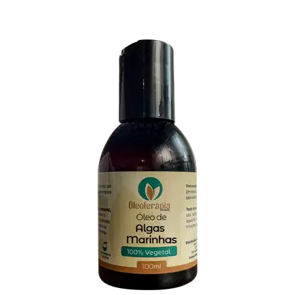O produto apresentado é um óleo de algas marinhas da marca Oleoterapia Brasil. O rótulo indica que o produto é 100% vegetal e contém 100ml de óleo.