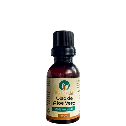 O produto apresentado é um frasco de óleo de Aloe Vera da marca Oleoterapia Brasil, óleo 100% vegetal.