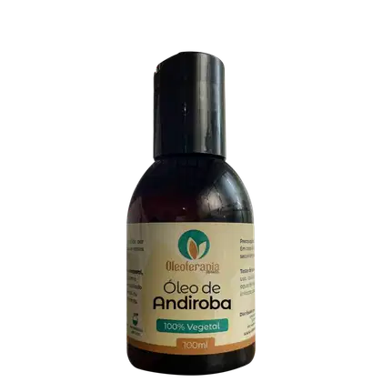 O produto apresentado é um óleo de Andiroba da marca Oleoterapia Brasil, "100% Vegetal" e o volume de 100ml.
