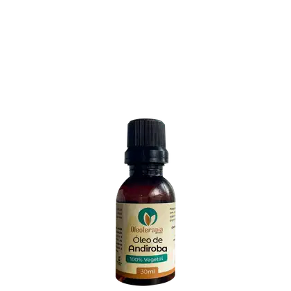 O produto apresentado é um óleo de Andiroba da marca Oleoterapia Brasil, "100% Vegetal" e o volume de 30ml.