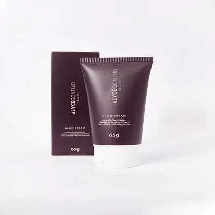 Creme hidratante da marca Alyce Gontijo, chamado "Glow Cream". O tubo contém 65g de produto e possui um rótulo com informações sobre os benefícios e ingredientes do creme.