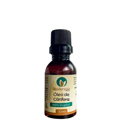 O produto apresentado é um óleo de cânfora da marca Oleoterapia Brasil, "100% Vegetal" e o volume de 30ml.