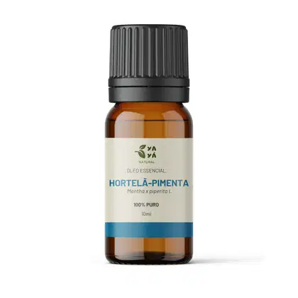 Frasco de óleo essencial de hortelã-pimenta da marca Yayá Natural, com rótulo em fundo branco e azul, contendo 10ml do produto 100% puro.