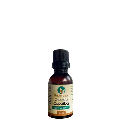 O produto apresentado é um frasco de óleo de copaíba da marca Oleoterapia Brasil, "100% Vegetal" e 30ml.
