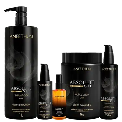 Shampoo 1 litro em frasco cilíndrico preto, máscara capilar 1kg em pote preto, óleo nutritivo em embalagem âmbar 55ml, finalizador em frasco preto 210ml e umectante em frasco preto 110ml. Todos têm o nome "Absolute Oil" e o logotipo da marca Aneethun.