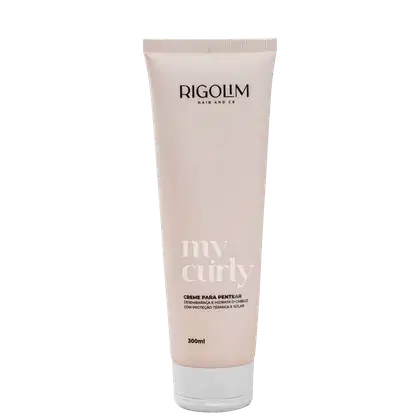 Tubo de creme para pentear da linha "My Curly" da marca Rigolim Hair & Co., com embalagem de cor clara e rótulo com o nome do produto em destaque.
