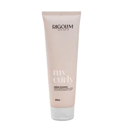 Creme ativador de cachos da marca Rigolim Hair & Co., chamado "my curly". O texto na embalagem descreve o produto como um creme que define, controla o frizz e nutre os cabelos, com proteção térmica e solar. O tamanho do produto é de 300ml.