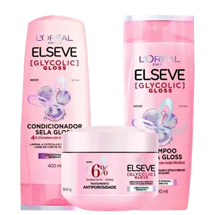 Kit Elseve L’Oréal Paris Glycolic Gloss Trio Home Care, 3 produtos.