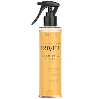 Fluido para ondas Itallian Hairtech. Embalagem com bomba borrifadora preta. Rótulo com o nome do produto "Fluido para Ondas" e detalhes como "Proteção Térmica", "Fixação Leve" e "Longa Duração". Capacidade de 200ml.