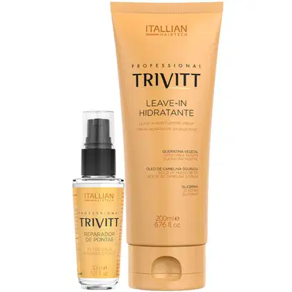 Um frasco de 30ml do "Reparador de Pontas" e um tubo de 200ml do "Leave-in Hidratante".