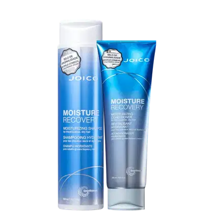 Shampoo e condicionador da linha Moisture Recovery da marca Joico. Ambos os produtos têm embalagem na cor azul com detalhes em branco e prateado.
