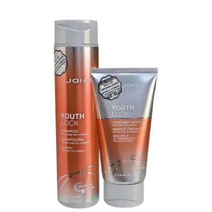 A imagem mostra uma linha de produtos para cabelos da marca Joico chamada "Youth Lock". Inclui um shampoo e uma máscara capilar. As embalagens apresentam tom de laranja com prata.