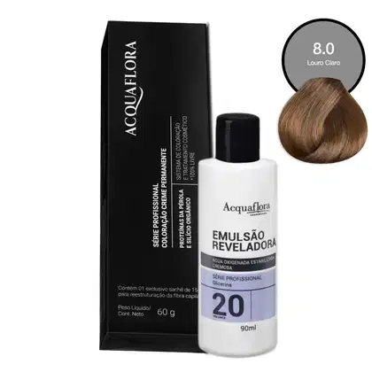 Coloração Acquaflora 8.0 Louro Claro 60g + Água Oxigenada 20 Volumes 90ml
