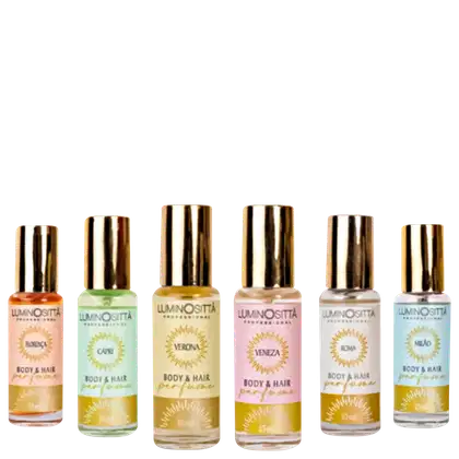 Seis unidades de perfume para cabelo e corpo, cada um contendo 15ml de conteúdo. Cada frasco é dourado, com rótulos coloridos e elegantes.