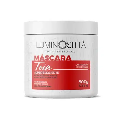 Mácara capilar com efeito teia da marca Luminositta. Sua embalagem apresenta cores predominantes branca e vermelha, com o nome do produto e marca em destaque.