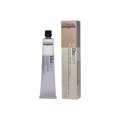O produto apresentado é um tonalizante capilar da linha L'Oréal Professionnel. Consiste em um tubo plástico cilíndrico contendo o creme colorante na tonalidade 9.12, com uma embalagem externa retangular em tons bege e marrom.
