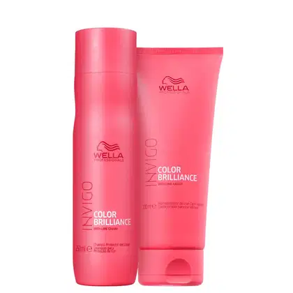 A imagem mostra um shampoo em embalagem cilíndrica rosa de 250ml e um condicionador em embalagem tubular rosa de 200ml. Ambos possuem o logotipo da Wella e a inscrição "Color Brilliance with Lime Caviar".