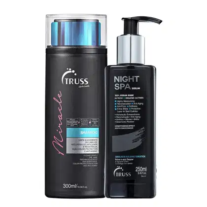 O produto de beleza TRUSS apresenta um frasco preto com um rótulo branco e azul, contendo um shampoo para cabelos. Ao lado, há um frasco preto com bomba, contendo um sérum para uso noturno, com rótulo informando sobre os benefícios do produto.