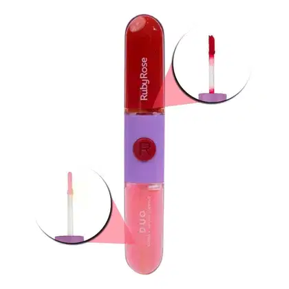 Batom duo em embalagem cilíndrica. Na parte superior um batom líquido em tom vermelho. Na parte debaixo um gloss. Tanto o batom quanto o gloss possuem aplicador típico de batons líquidos.