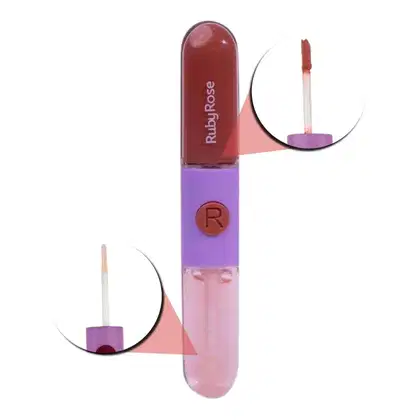 Batom duo em embalagem cilíndrica. Na parte superior um batom líquido em tom nude rosa marrom. Na parte debaixo um gloss. Tanto o batom quanto o gloss possuem aplicador típico de batons líquidos.