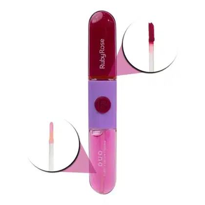 Batom duo em embalagem cilíndrica. Na parte superior um batom líquido em tom vermelho. Na parte debaixo um gloss. Tanto o batom quanto o gloss possuem aplicador típico de batons líquidos.