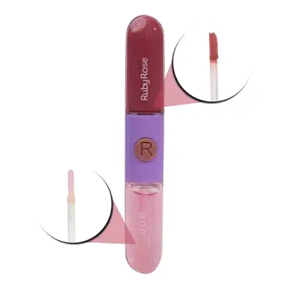 Batom duo em embalagem cilíndrica. Na parte superior um batom líquido em tom rosa nude. Na parte debaixo um gloss. Tanto o batom quanto o gloss possuem aplicador típico de batons líquidos.
