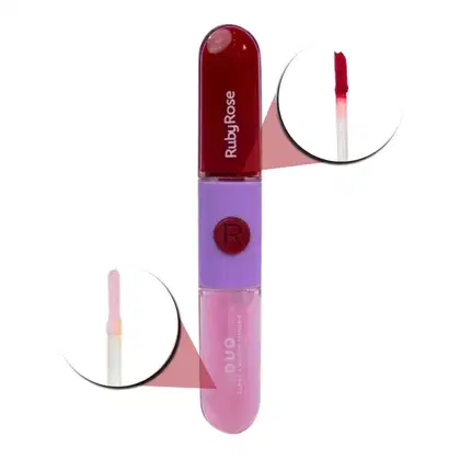 Batom duo em embalagem cilíndrica. Na parte superior um batom líquido em tom vermelho. Na parte debaixo um gloss. Tanto o batom quanto o gloss possuem aplicador típico de batons líquidos.