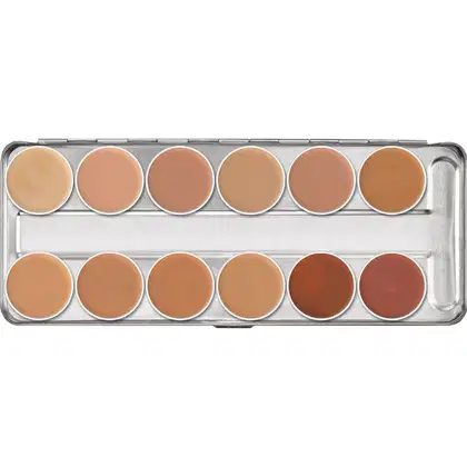Paleta de corretivos Kryolan com 12 tons de cores variadas, em embalagem prateada com divisões circulares para cada tom.