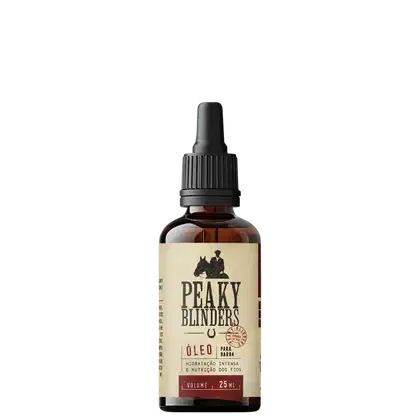 Óleo para barba da marca Peaky Blinders, em frasco de vidro âmbar com conta-gotas preto, rótulo com ilustração de silhueta e texto em inglês, volume de 25 ml.