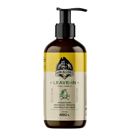 Frasco de leave-in da marca Don Alcides, com bomba dosadora preta, rótulo amarelo e verde com ilustração de caveira, informações sobre hidratação, proteção térmica e controle do frizz.