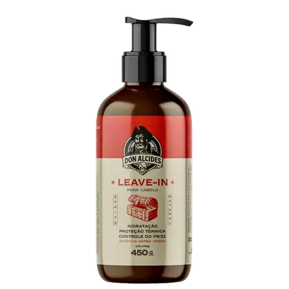 Frasco de leave-in da marca Don Alcides, com design em vermelho e preto, contendo 450g do produto. O rótulo destaca os benefícios de hidratação, proteção térmica e controle do frizz para o cabelo.